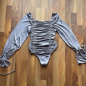 Intimately Free People Woman’s Gray Ruched stretching Long Sleeve Bodysuit